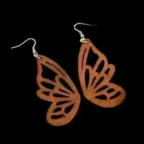 Wood CUT OUT Half Butterfly Wing Design Drop VTG Large LIGHTWEIGHT Dangle Earrin - Picture 2 of 3